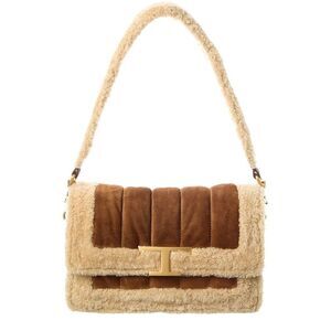 Tod’S T Timeless Suede & Shearling Shoulder Bag, Brown